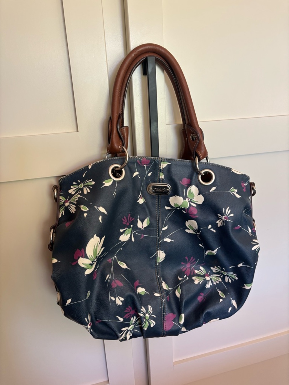 Chaps Floral Navy Shoulder Bag with Silver Hardware